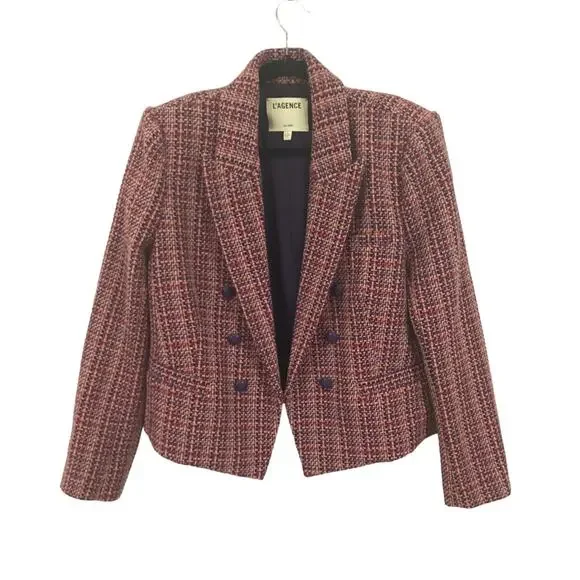 L’AGENCE Brook Tweed Double Breasted Cropped Blazer Purple Pink Size 10 - Picture 4 of 15